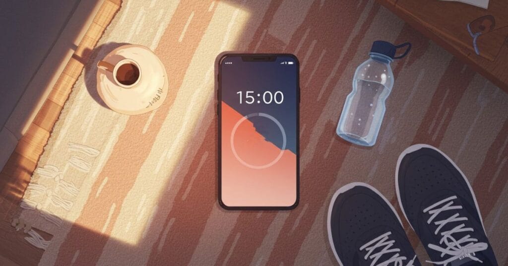 A smartphone showing a 15-minute timer on a cozy rug next to a water bottle and sneakers, representing everything you need for this easy home workout