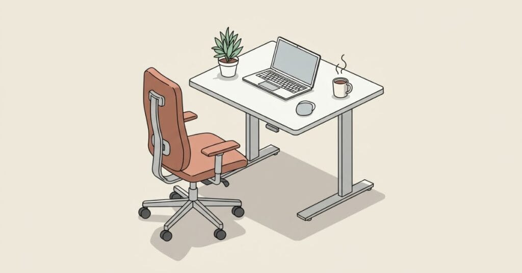 A minimalist home office setup rendered in a clean vector-style digital painting with a modern comic illustration aesthetic. The scene features an ergonomic chair with pronounced lumbar support and a sleek standing desk, viewed from an isometric perspective. On the desk: a laptop, a small potted plant with detailed foliage, and a steaming cup of coffee.