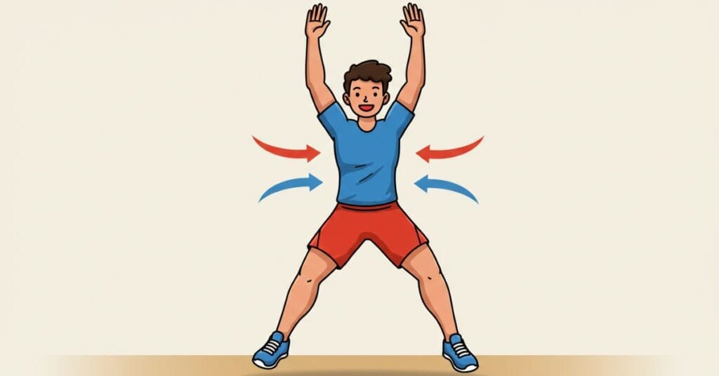 cartoon-style  person in mid-air doing a jumping jack, showing the full motion of the cardio exercise.