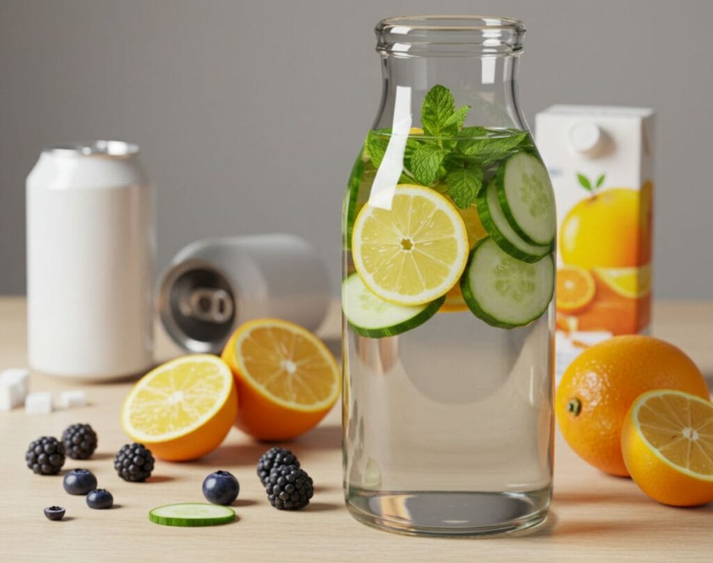 A large glass bottle of water infused with lemon, cucumber, and mint on a wooden table, with fresh berries and citrus fruits nearby. A sugary soda can and juice box are blurred in the background.