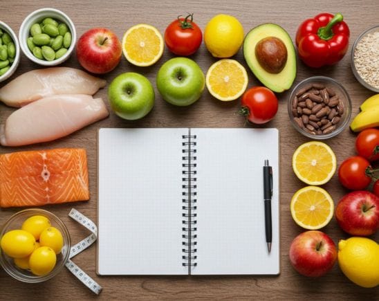 Upside view of a table showing fruits, meat, vegetables, a notebook and a pen