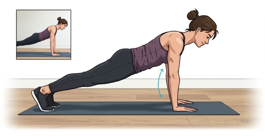 Side-view of a person demonstrating correct push-up form on a mat, with a smaller inset image showing the easier knee push-up modification.