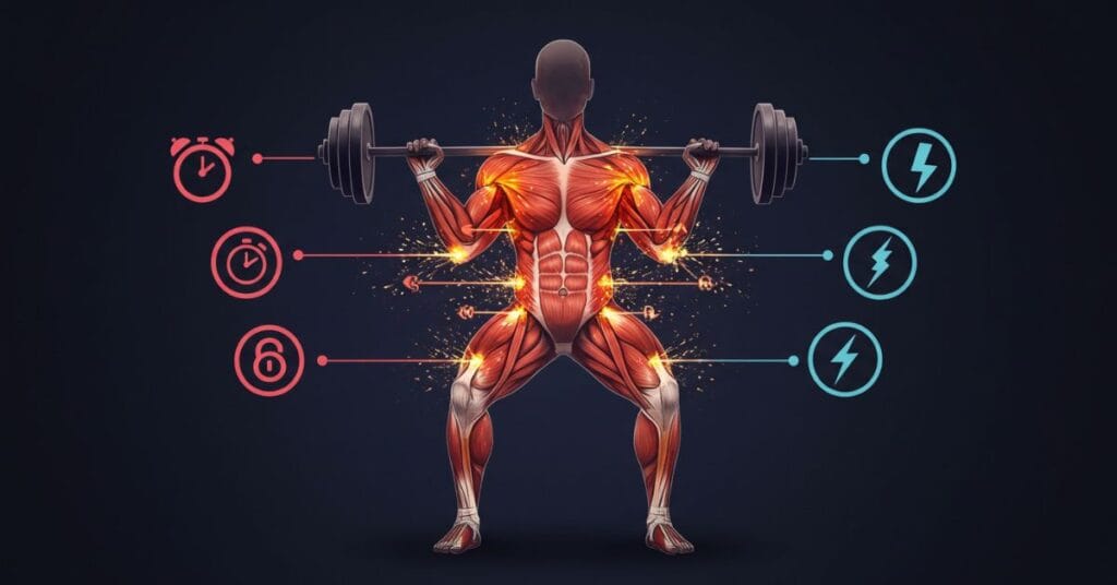 An infographic diagram of a human body silhouette with glowing lines connecting the major muscle groups, illustrating the efficiency of compound exercises for a short workout.