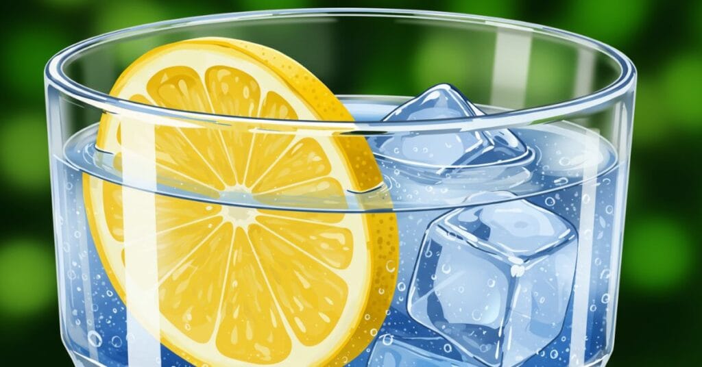 Digital art of a clear glass of water with a vibrant slice of lemon and glistening ice cubes. Condensation beads on the side of the glass are artistically exaggerated with clean, graphic highlights and soft blue-white gradients, emphasizing coolness and purity.