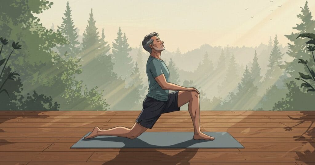 a man in his 40s performing a deep kneeling lunge stretch on a yoga mat
