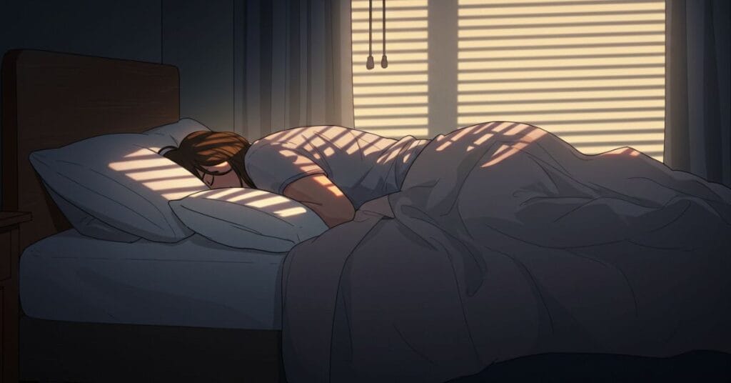 An illustration of a person sleeping comfortably on their side in a neatly made bed, rendered in a soft, expressive vector-style digital painting with a gentle comic-art aesthetic. A pillow is perfectly placed between their knees, emphasizing support and ergonomic comfort. The room is dark, quiet, and peaceful, with soft morning light gently filtering through partially closed blinds, creating subtle stripes of warm glow across the scene.