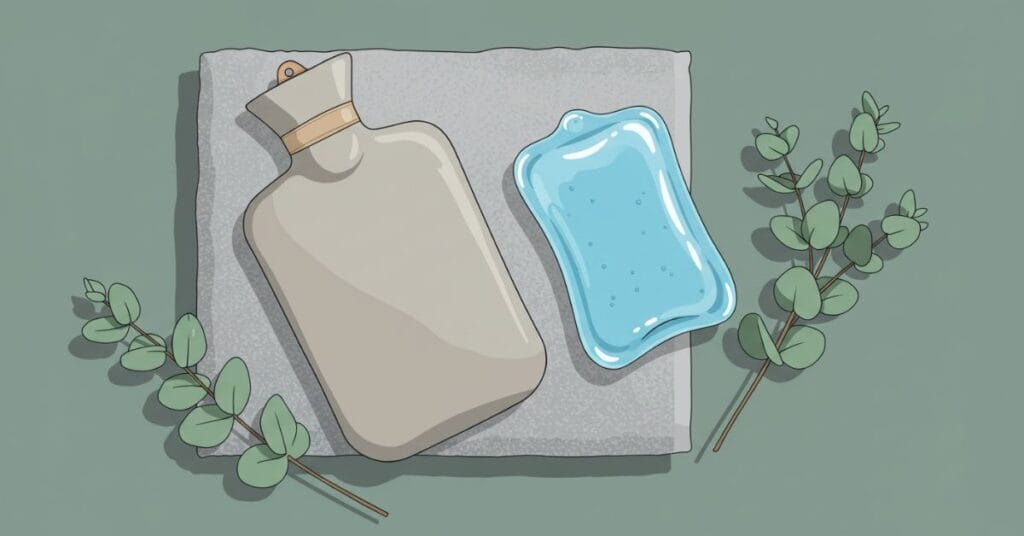 a soft grey towel lies a modern fabric-covered hot water bottle and a sleek blue gel ice pack, arranged symmetrically for balance and harmony. Fresh sprigs of eucalyptus are placed nearby,