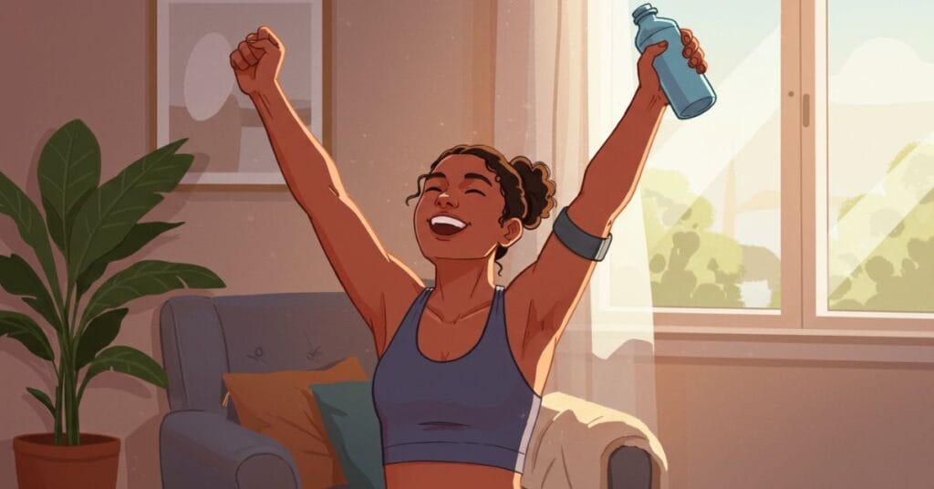 An illustrated person celebrating with arms raised in victory after completing a successful home workout, holding a water bottle.