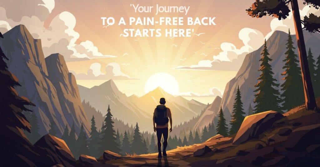 Illustration of a person seen from behind confidently hiking up a mountain trail toward a sunlit summit. The background scene features dramatic yet simplified landscapes—textured rock formations, soft-edged trees, and radiant beams of sunlight breaking through clouds