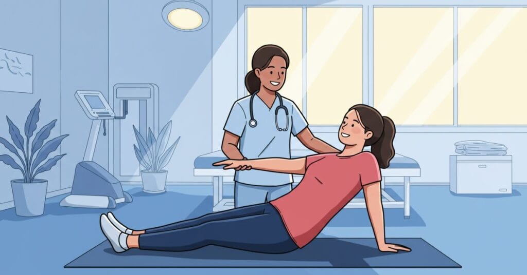 Illustration of a female physical therapist in a clean, bright clinic gently guiding a patient through a gentle stretch exercise, Both smile warmly, their expressions rendered with soft linework and nuanced facial details that convey trust, care, and encouragement.