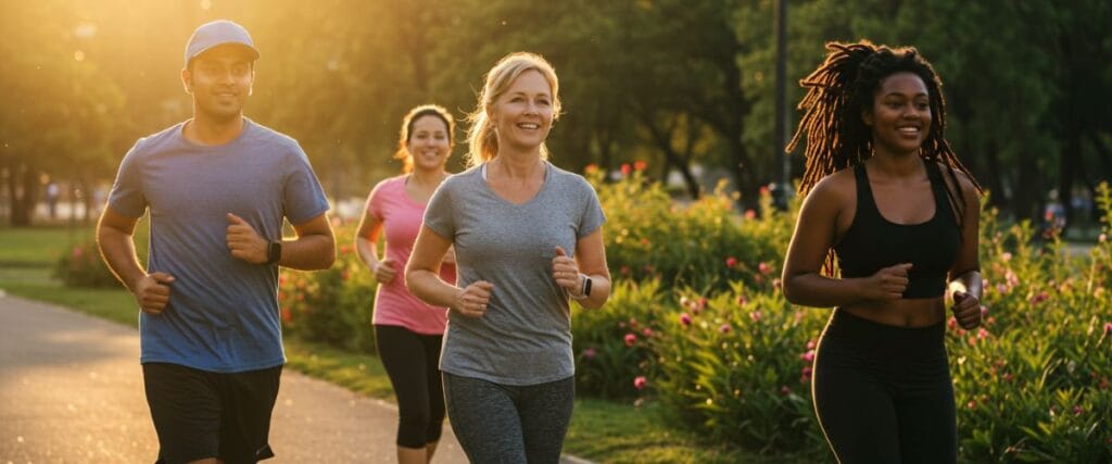 A diverse group of people jogging outside
