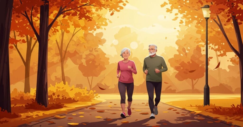 a senior couple actively walking on a paved path through a vibrant autumn park, illustrated in a modern comic-art style. Their posture is upright and engaged—arms swinging gently, legs mid-stride—conveying motion, strength, and joyful exercise.