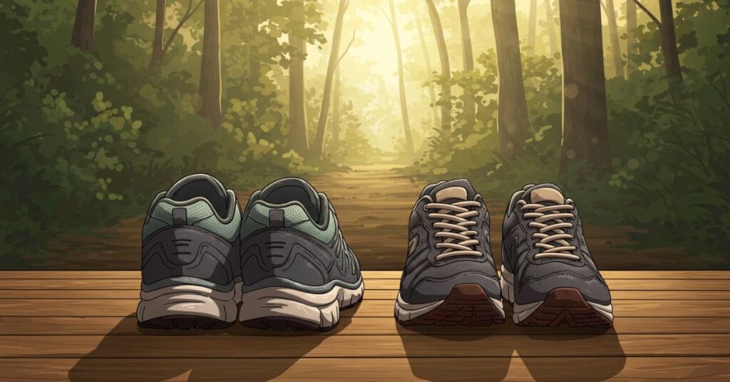 Illustrated pair of supportive running shoes and a comfortable walking shoe placed side-by-side on a rustic wooden floor, leading toward a sun-dappled forest path.