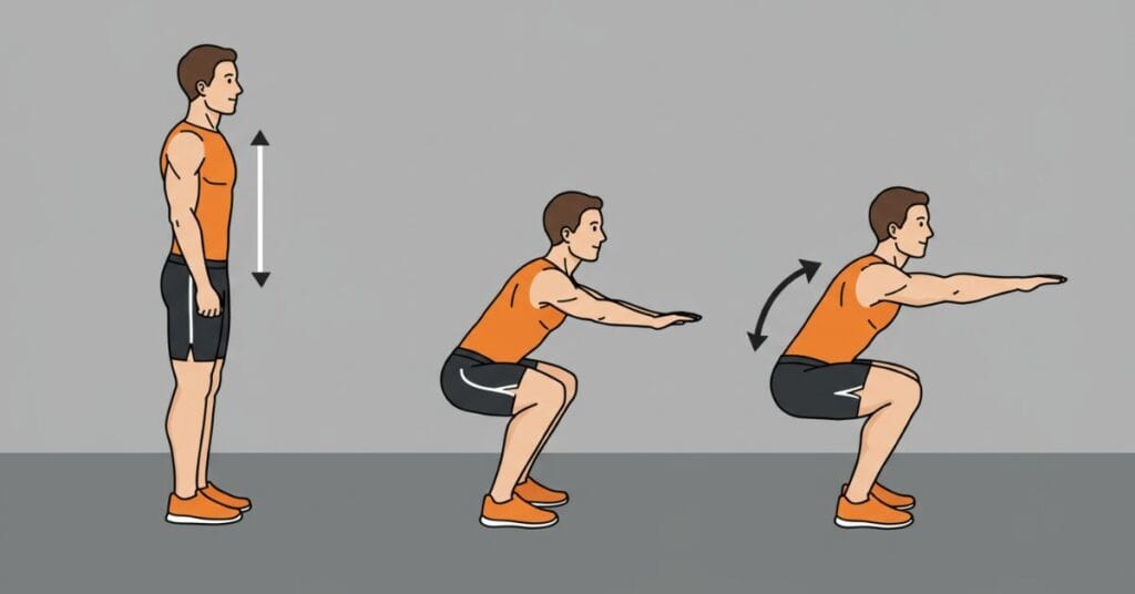 A three-step sequence illustration showing the proper form for a bodyweight squat, from standing to sitting position and back up.