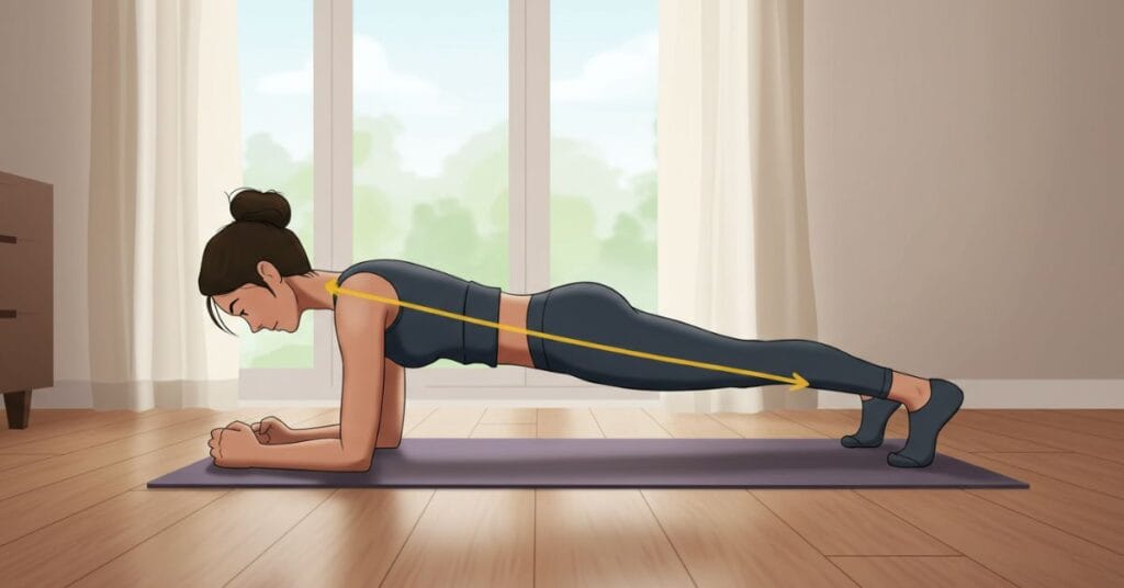 A person holding a perfect plank exercise position, with their body forming a straight line from head to heels on a yoga mat.