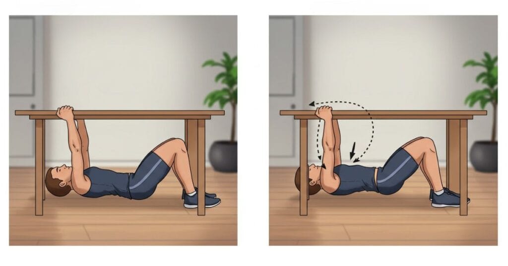 A person safely performing an inverted row exercise by pulling their chest up to the edge of a sturdy wooden table.