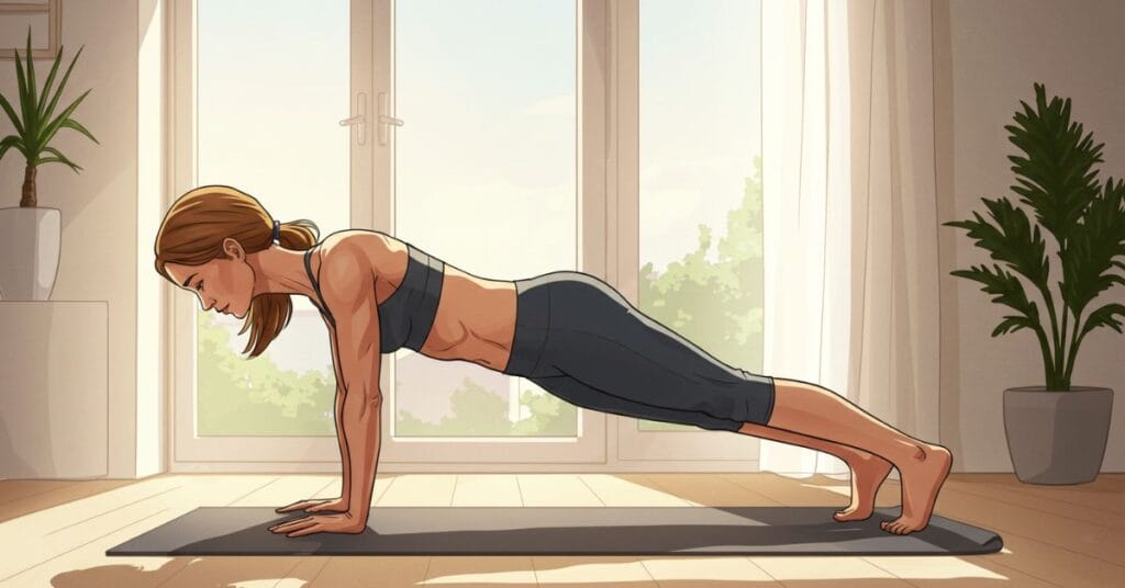 illustration of a woman in her 30s holding a plank pose on an exercise mat in a bright, modern home.