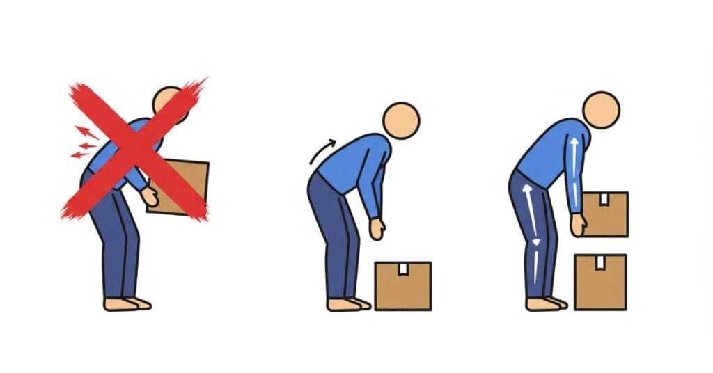A sequence of three simple, iconographic illustrations arranged in a horizontal row shows the wrong way to lift: a person bending over at the waist with a rounded back, lifting a heavy box