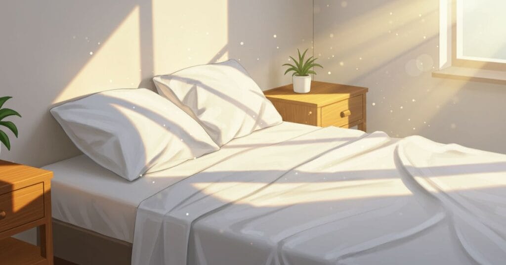 A calm, sunlit bedroom with a neatly made bed, emphasizing the role of restful sleep in managing joint pain.