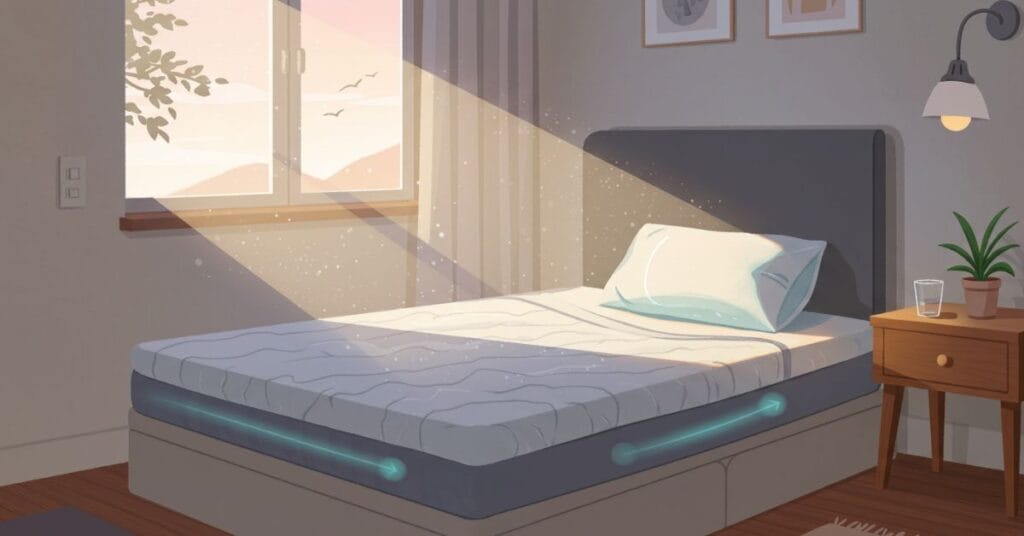 A peaceful, well-made bedroom with an orthopedic pillow, emphasizing the importance of a supportive sleep environment for reducing joint pain.