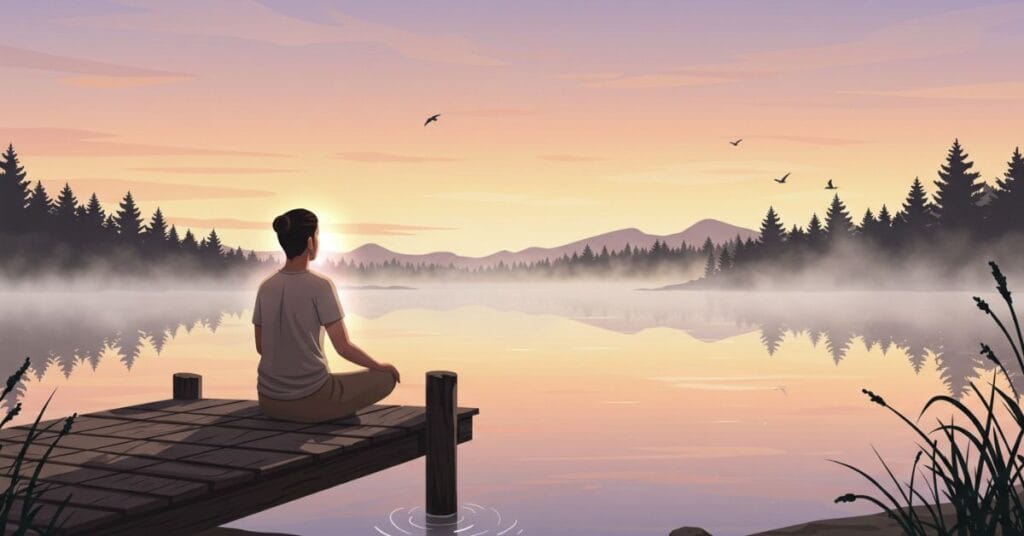 A person meditating peacefully by a calm lake at dawn, showing stress management as a natural way to reduce inflammation.