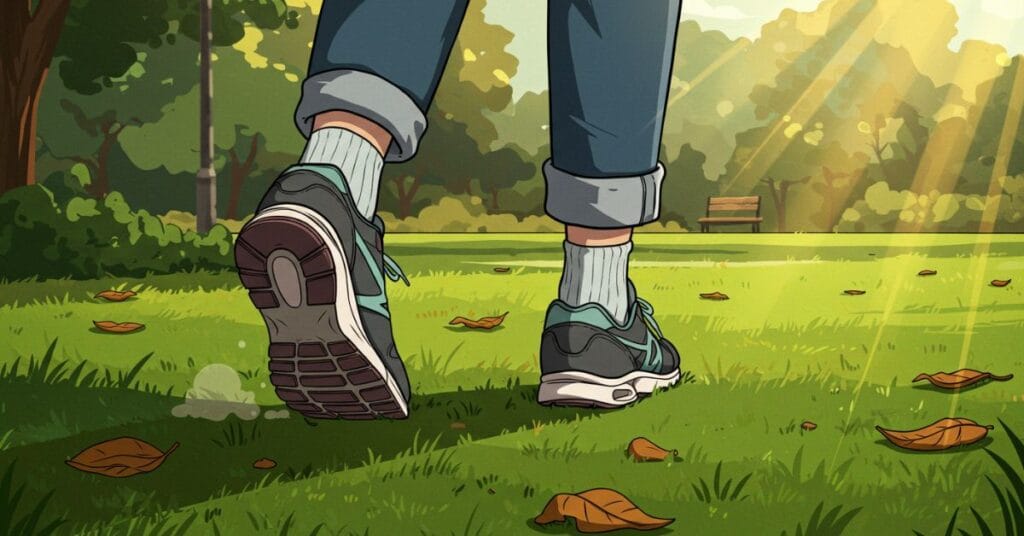 A person walking comfortably on a park path, wearing supportive shoes, as an example of gentle, low-impact exercise for joints.