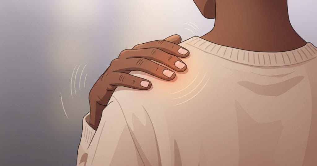 A person's hand gently touching their own shoulder, symbolizing self-care and listening to your body's signals to manage joint pain.