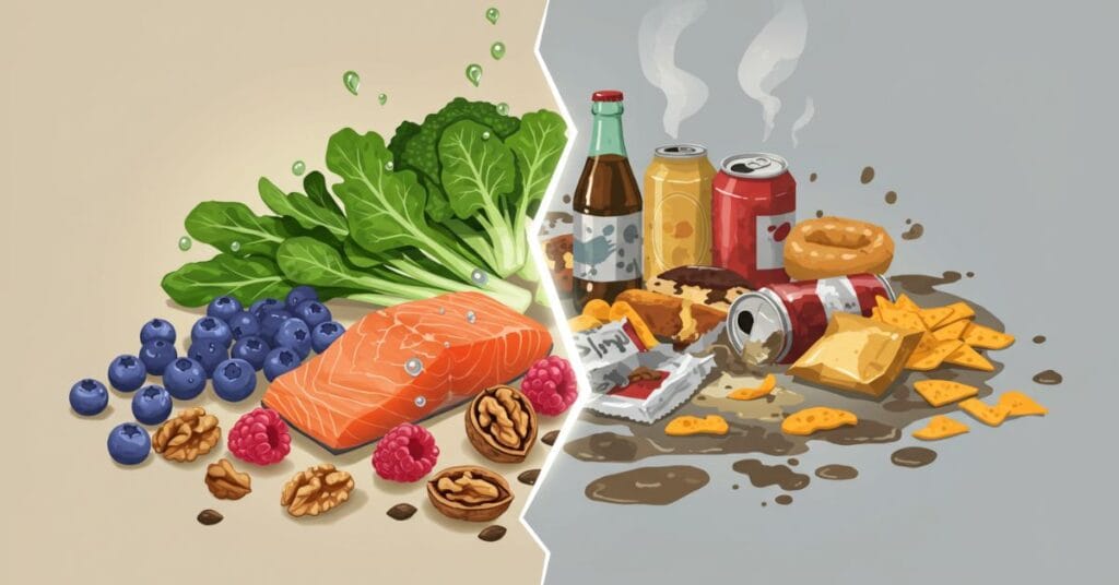 A split image comparing vibrant, healthy anti-inflammatory foods with dull, processed foods to illustrate a joint-friendly diet.
