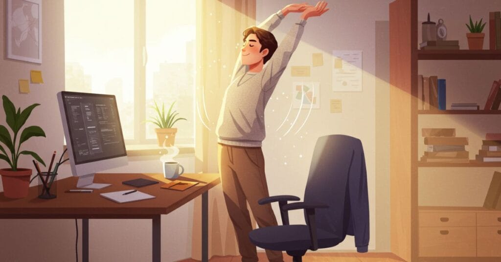 An office worker taking a brief standing stretch break at their desk, demonstrating a mindful movement habit to prevent joint stiffness.