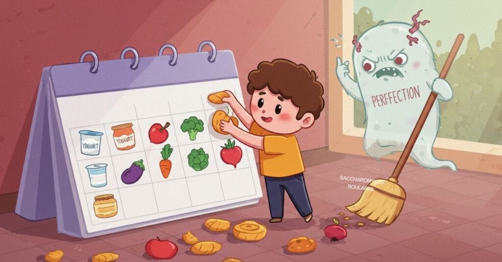 A determined cartoon character consistently adding healthy foods to a calendar, while a 'Perfection' monster is swept away, illustrating the importance of steady habits over perfection.