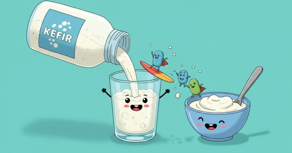 Playful cartoon of a kefir bottle pouring itself into a glass, with tiny probiotic bacteria surfing down the stream, alongside a winking bowl of yogurt.