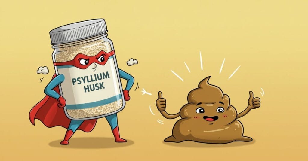 A cartoon jar of psyllium husk wearing a superhero cape, confidently transforming an unhappy stool into a happy, healthy one
