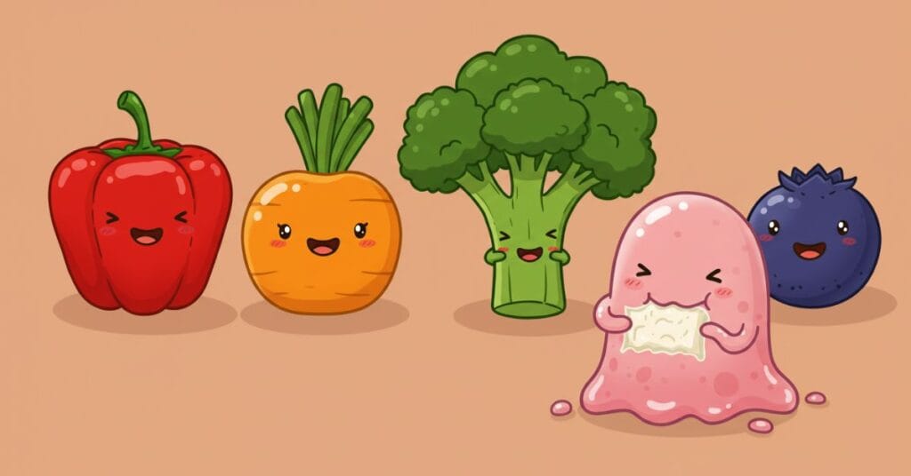 A colorful cartoon lineup of smiling fruits and vegetables, including a red pepper, broccoli, and blueberries, with a happy gut bacterium, symbolizing diverse plant-based foods.