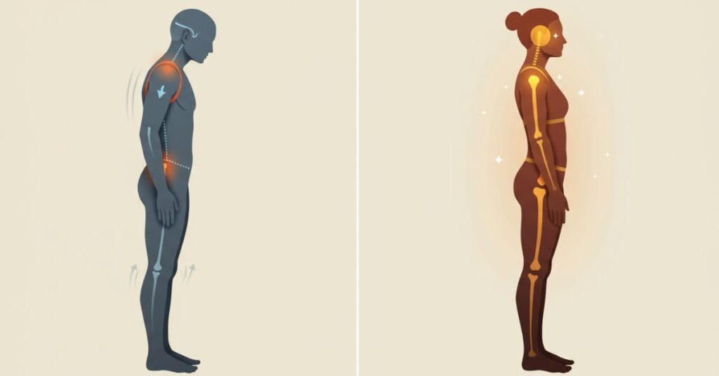 Side-by-side silhouettes comparing poor posture with correct, aligned posture to demonstrate its importance for joint health.