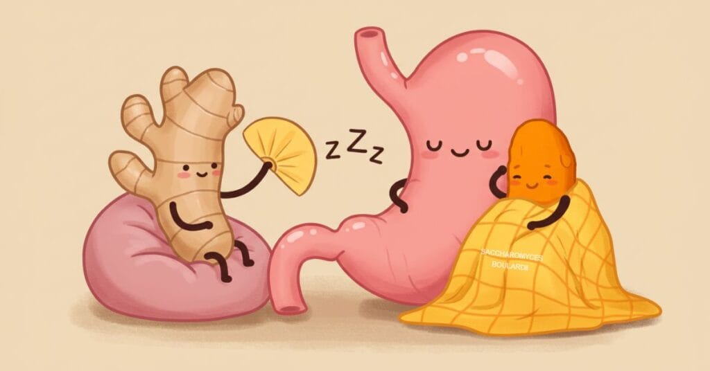 A soothing scene of a cartoon ginger root and turmeric root comforting a relaxed stomach wrapped in a blanket, depicting natural anti-inflammatory remedies