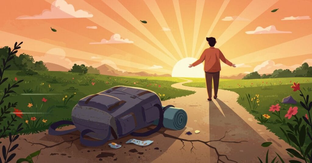 Symbolic image of a person walking away from a heavy backpack, representing the relief of weight loss on joints.