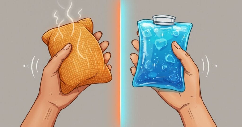 A person's hands holding a warm wheat bag and a blue gel ice pack, demonstrating natural choices for joint pain relief.