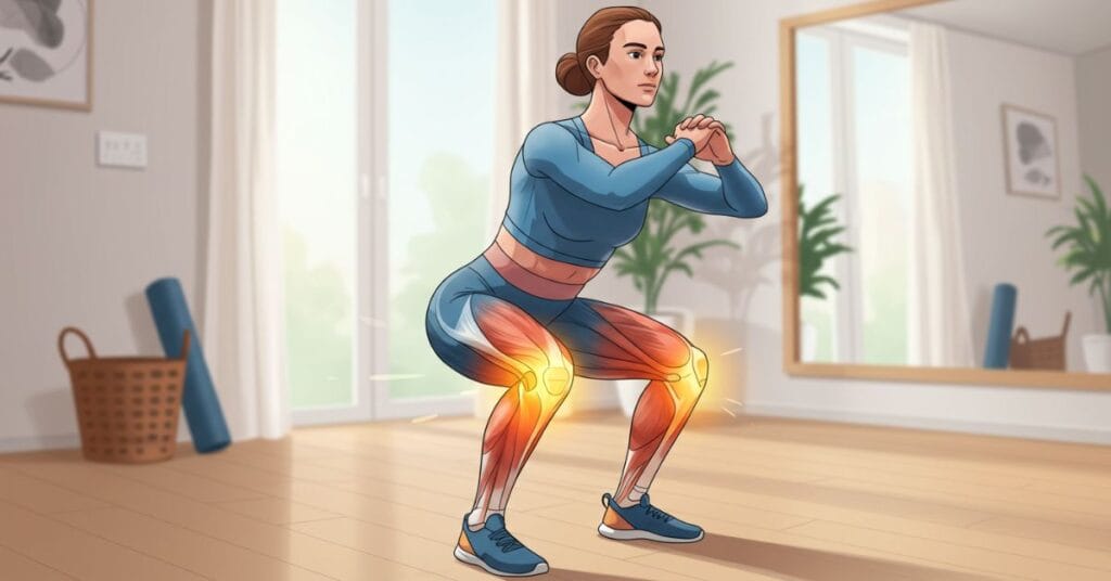 A person performing a gentle bodyweight squat, showing strong leg muscles supporting the knee and hip joints.