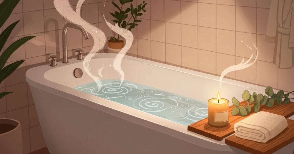An inviting bathtub with steaming water and swirling Epsom salts, depicting a soothing home remedy for aching muscles and joints.
