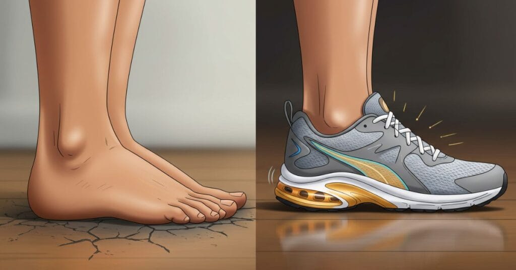 A side-by-side comparison of a foot in a supportive sneaker versus barefoot on a hard floor, showing the importance of proper footwear for joint support all day.