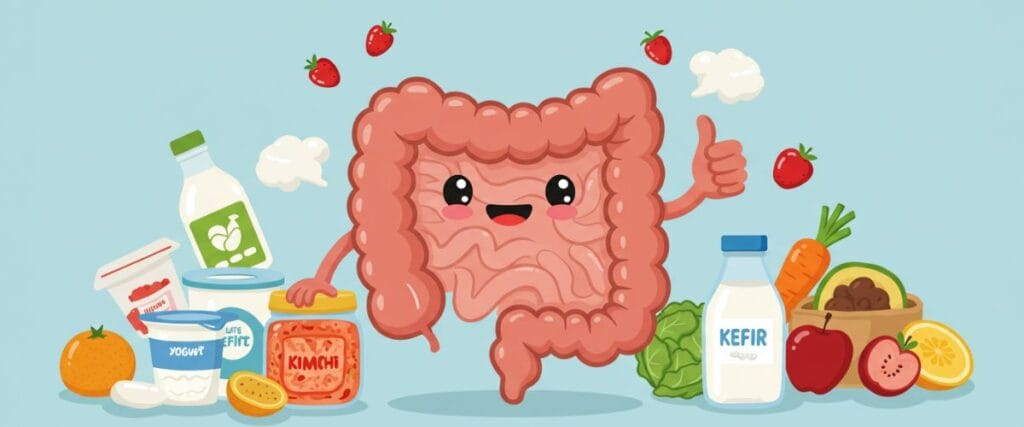 A cheerful cartoon illustration of a happy human intestine giving a thumbs-up, surrounded by vibrant gut-healthy foods like yogurt, kimchi, kefir, and fresh fruits and vegetables on a light blue background.