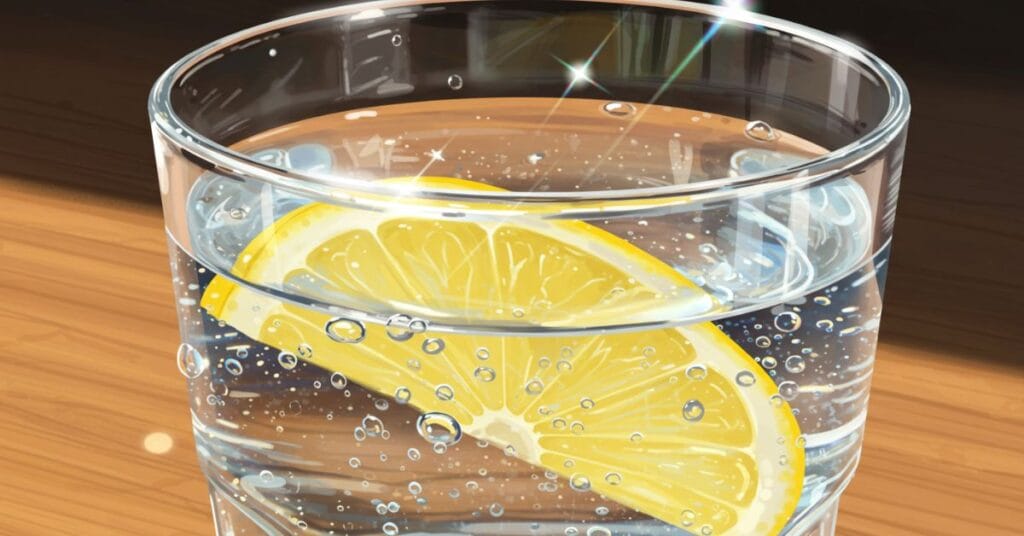 Close-up of a glass of water with lemon, showing condensation droplets, to illustrate the importance of hydration for joint health.