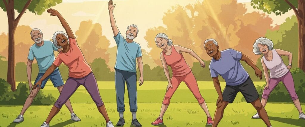 15 Natural Ways to Relieve Joint Pain
A diverse group of active adults smiling while doing gentle stretches together in a sunny park, representing a joyful, pain-free lifestyle