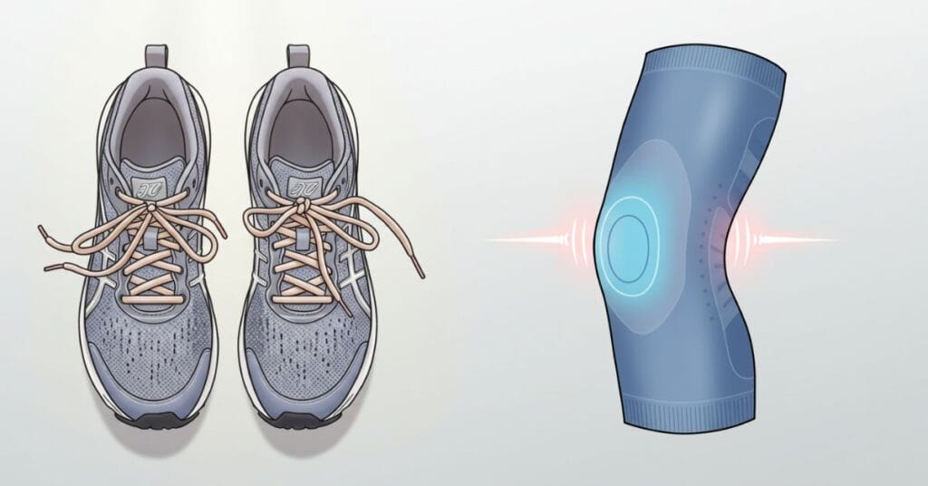 A supportive running shoe and a knee compression sleeve, examples of adaptive tools for daily joint pain relief.