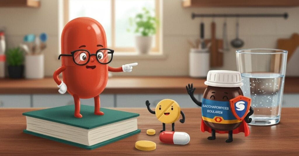 A smart-looking cartoon capsule pill with glasses stands on a book, pointing towards other friendly supplement pills saying hi, representing a strategic approach to gut health supplements